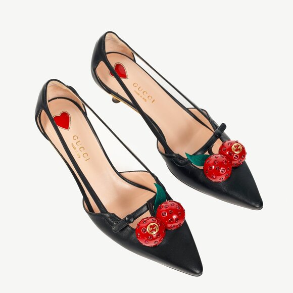 Gucci Unia Black Leather Cherry-Embellished Pointed-Toe Heels - Picture 1 of 10